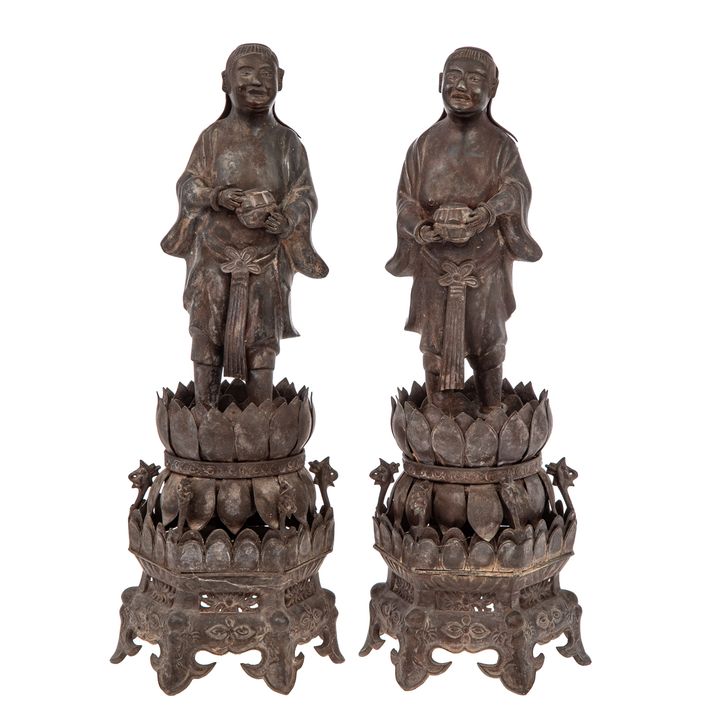 A Pair of Chinese Pewter Devotional Figures