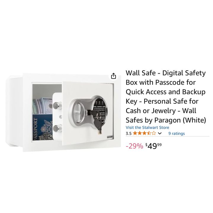 Stalwart Wall Safe- Digital Safety Box w/ Passcode For Quick Access- White, 12.5'' D x 6'' W x 8.75'' H In Box