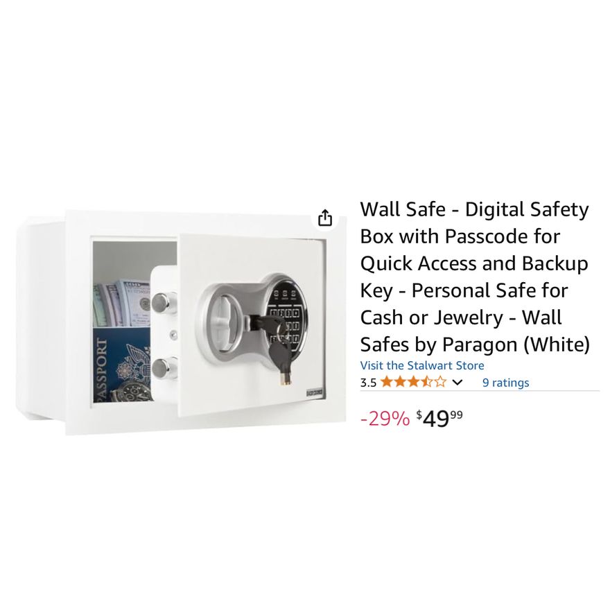 Stalwart Wall Safe- Digital Safety Box w/ Passcode For Quick Access- White, 12.5'' D x 6'' W x 8.75'' H In Box