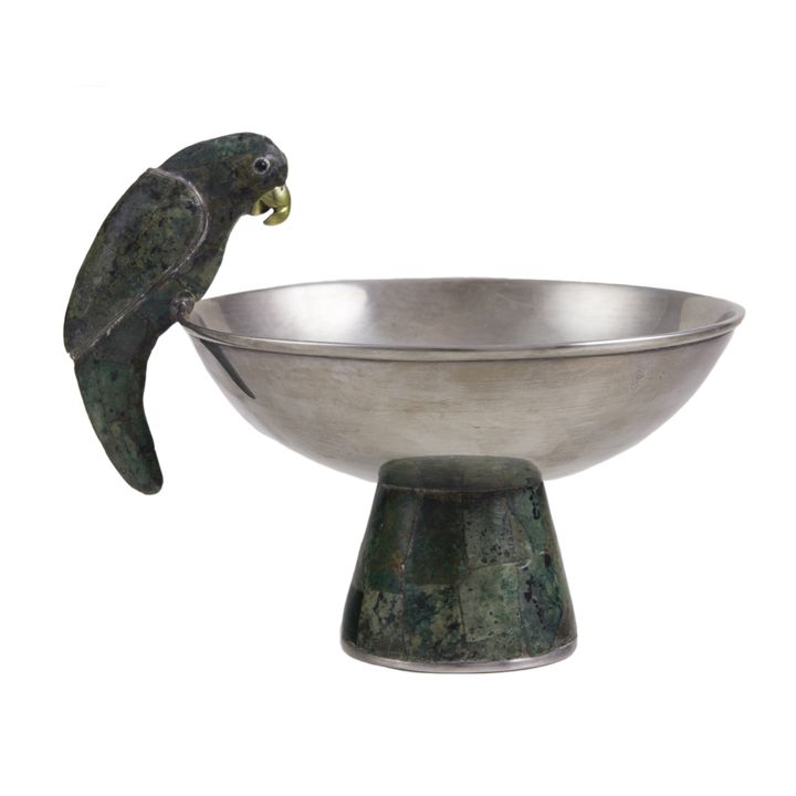 A Los Castillos malachite inlaid plated footed bowl with a malachite inlaid parrot