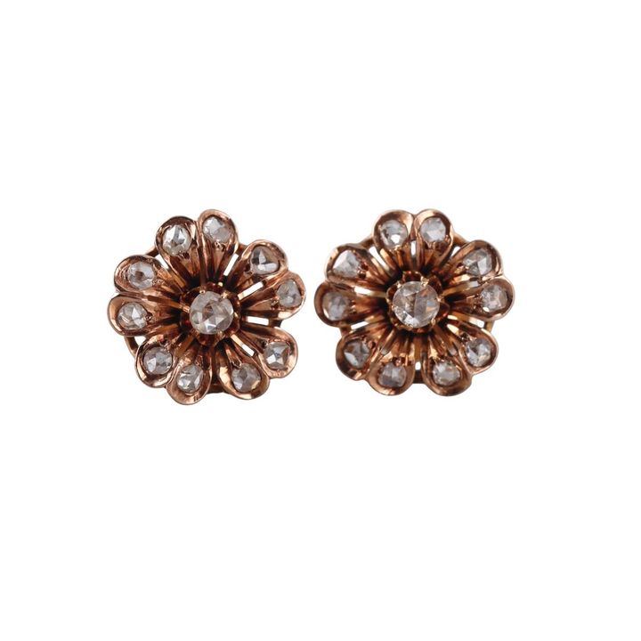 Antique 18k Rose Gold Diamond Flower Earrings