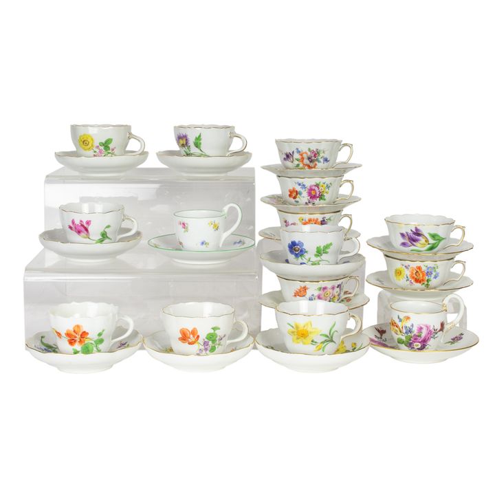 A group of fifteen Meissen porcelain cups and saucers