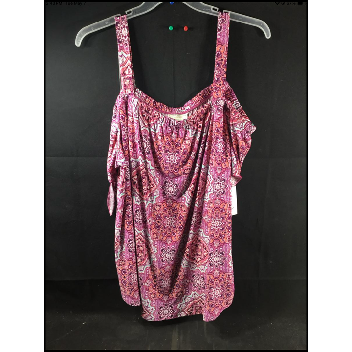 Bobbie Brooks Plus Size Cold Shoulder Top Size 1X (Pink & Purple Medallions)