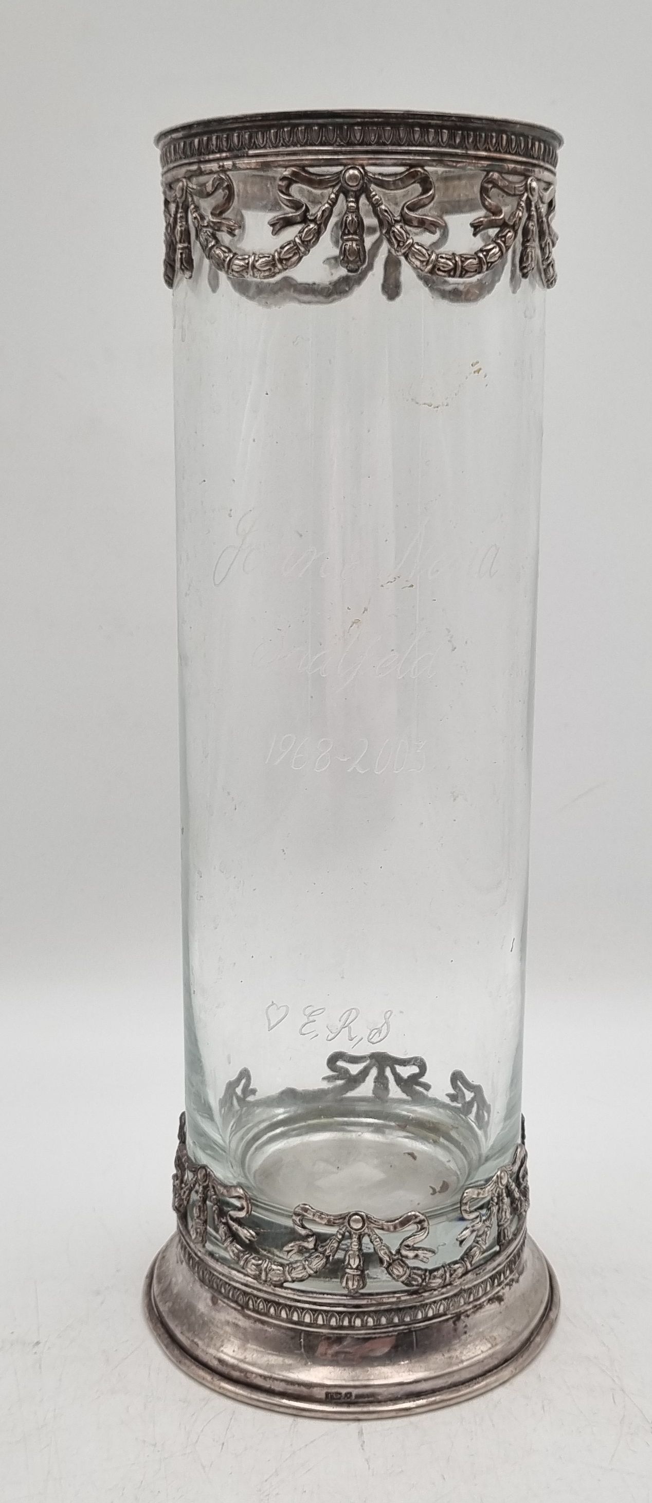 A WHITEHILL SILVER PLATED AND GLASS VASE