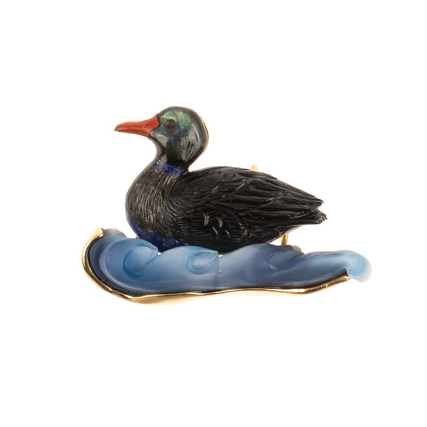 An Inlaid Gemstone Duck Slide Pendant in 14K