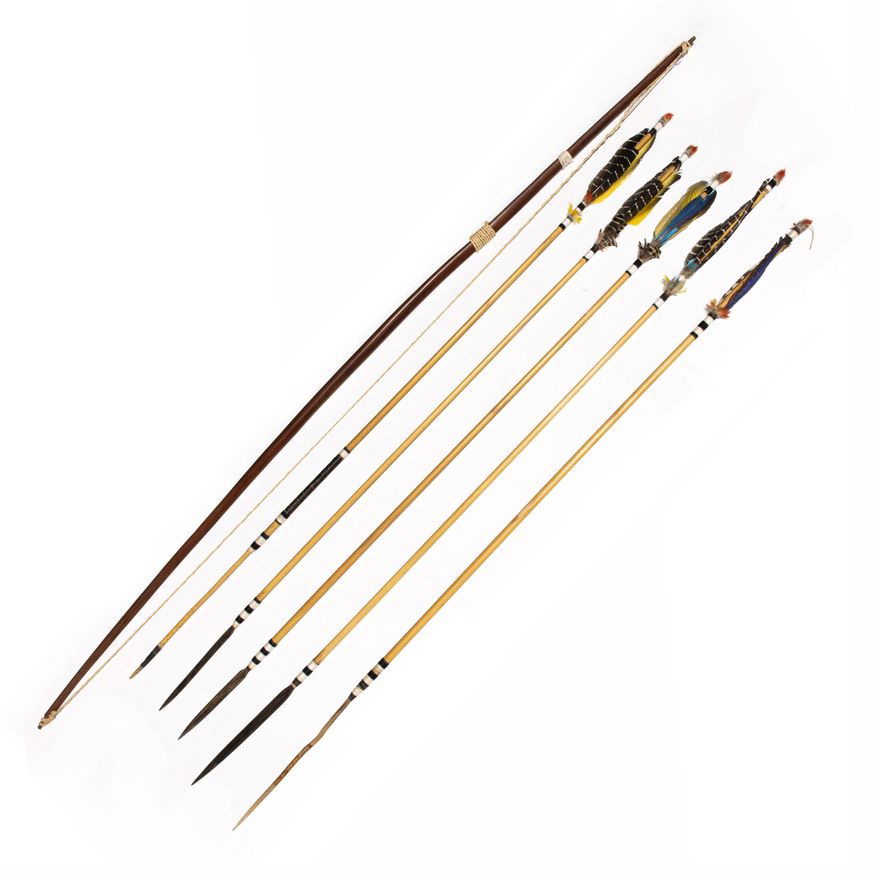 A long bow and five feather arrows