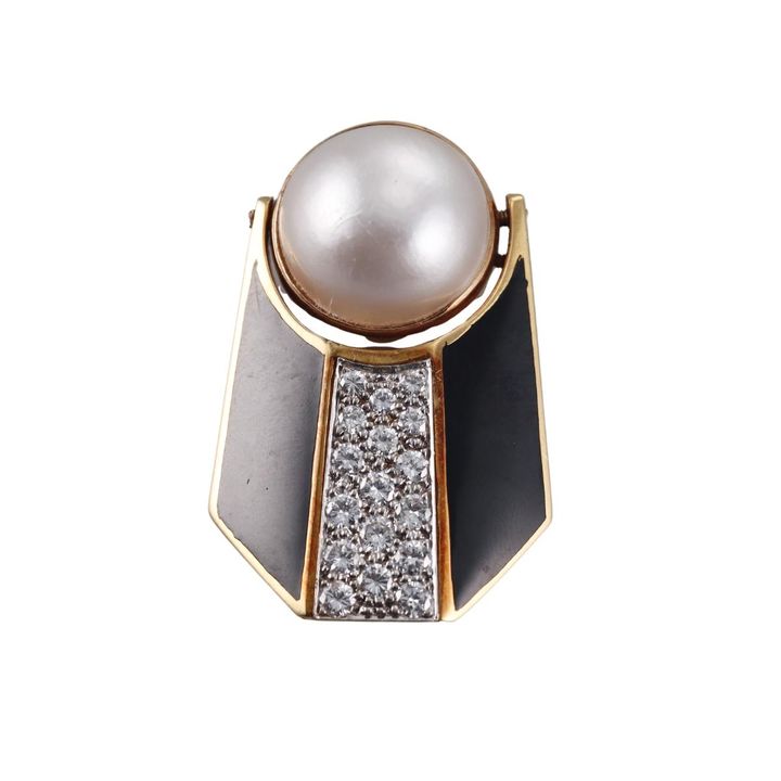 1980s 18k Gold Diamond Mabe Pearl Enamel Pendant