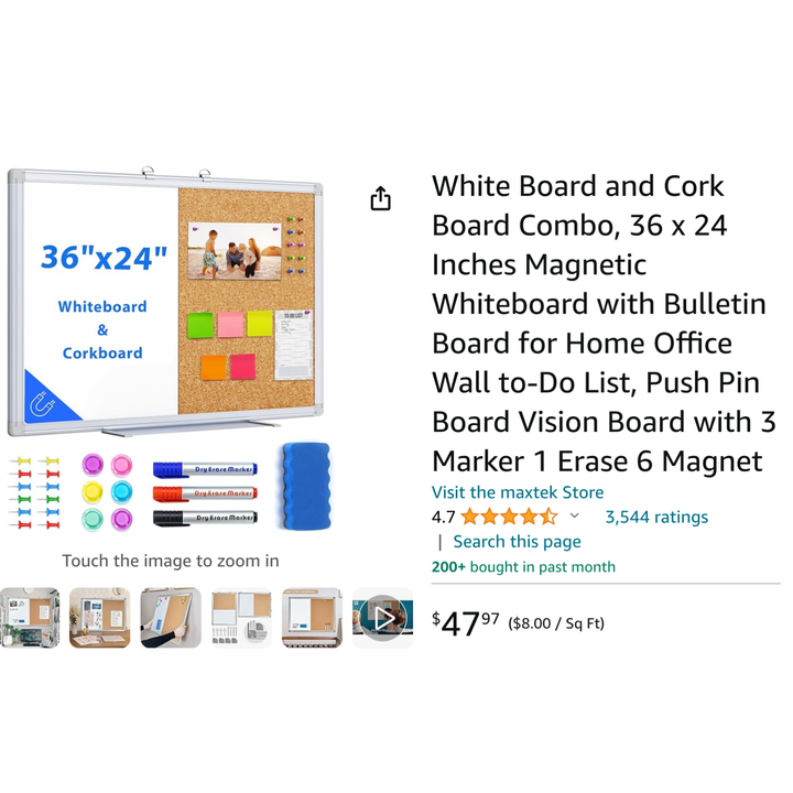 Magnetic White Board And Cork Board Combo 36"x24"