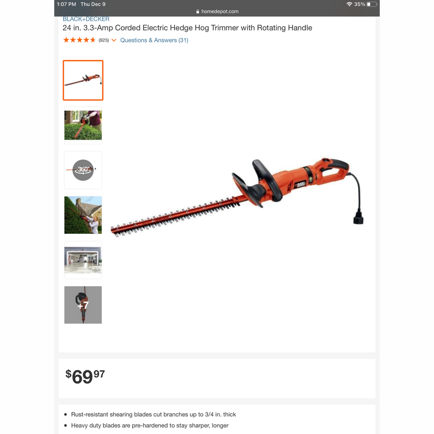 Black + Decker Corded 24in Hedge Trimmer 3.3AMP 110V