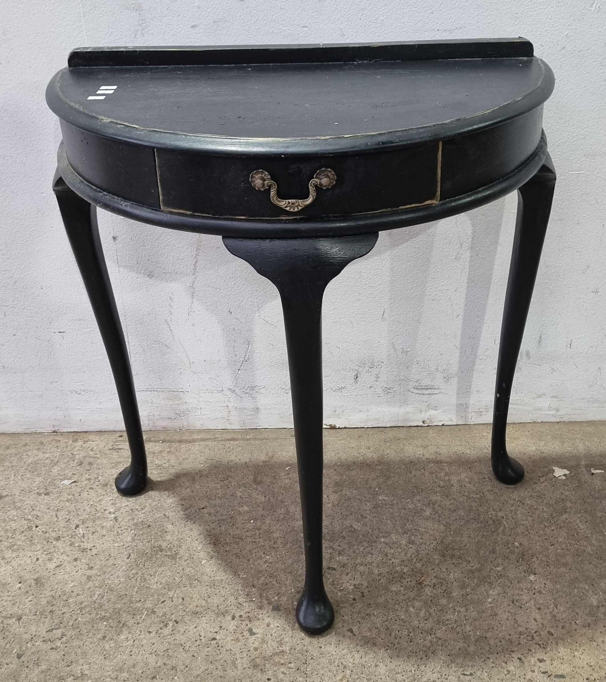 A Black Painted Queen Anne Style Demi Lune Console Table