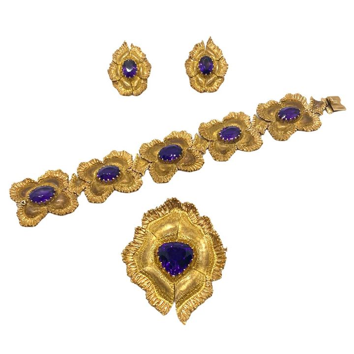 Vintage Buccellati 18K Gold Amethyst Bracelet Earrings Pin Pendant Set