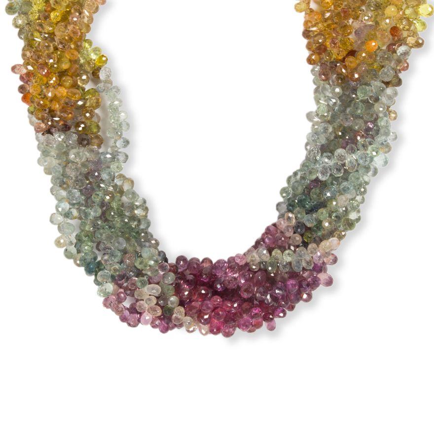 A fancy-colored sapphire, diamond and fourteen karat gold torsade necklace