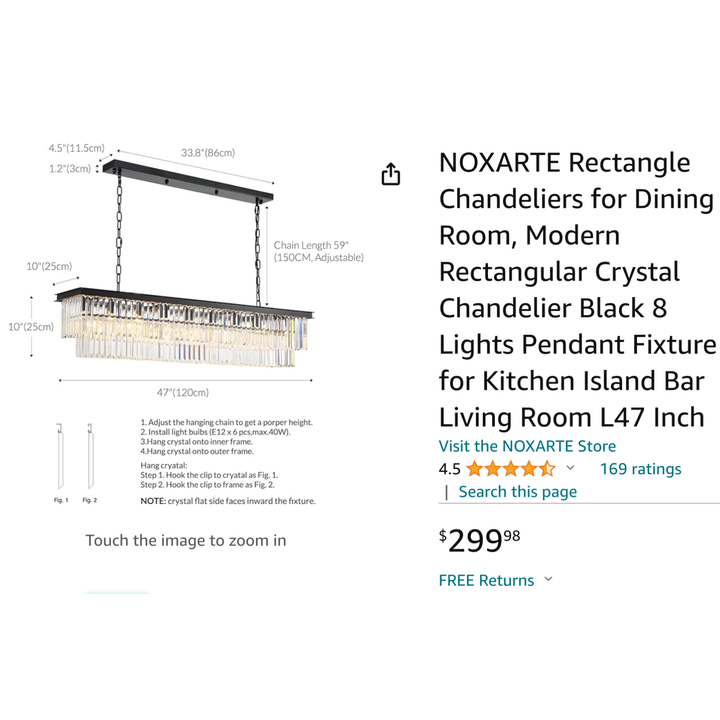 Noxarte Modern Rectangular Crystal Chandelier Black 8-Light Pendant Fixture 47"L x 10"W x 10"H