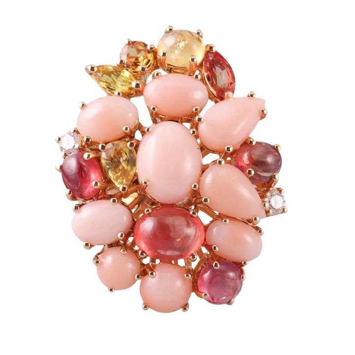 Zydo Diamond Coral Sapphire Tourmaline Gold Cocktail Ring