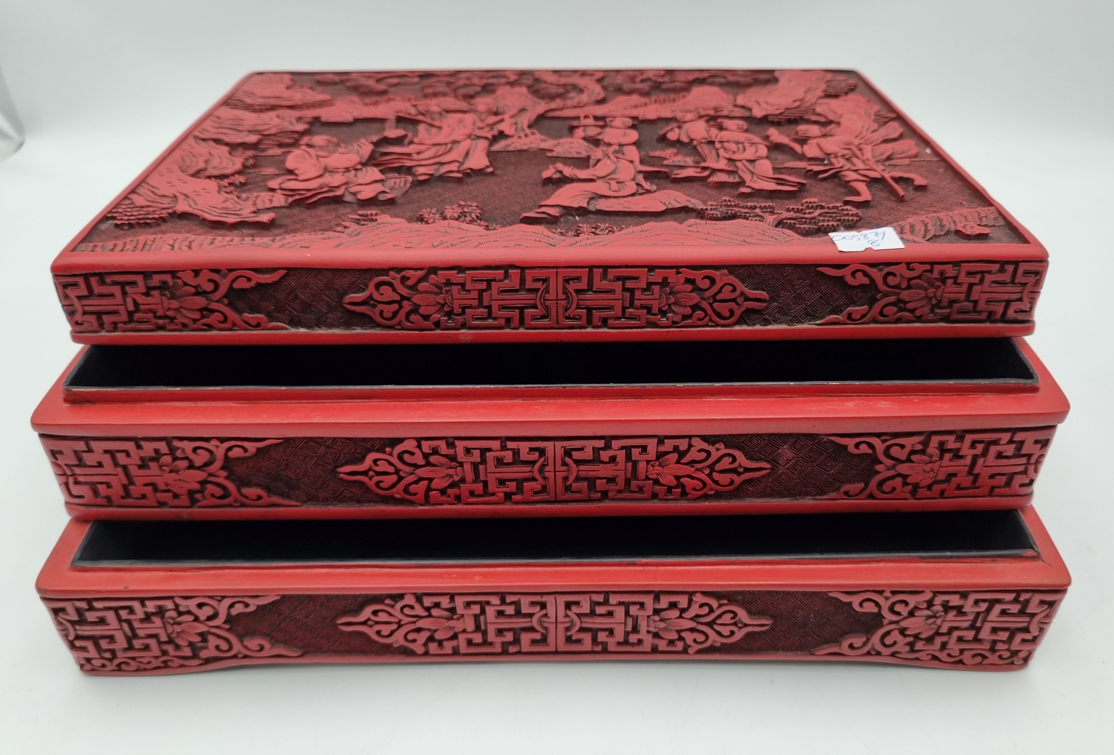 602 · A CHINESE SIMULATED CINNABAR LACQUER THREE TIER BOX