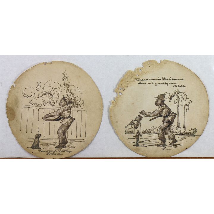 (lot of 7) African American folk art school (19th century), Depictions of Daily Life, ink on fabric, six with quotes from famous Eur...