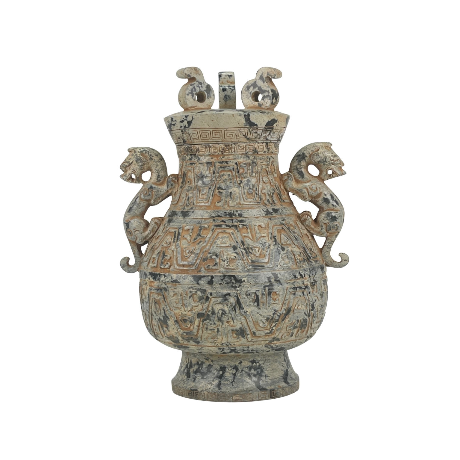 双兽耳瑞鸟盖带盖玉瓶ARCHAIC LIDDED JADE VASE WITH HANDLES | Atasbid