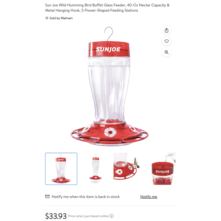 SunJoe 40oz Wild Hummingbird Glass Buffet Style Feeder