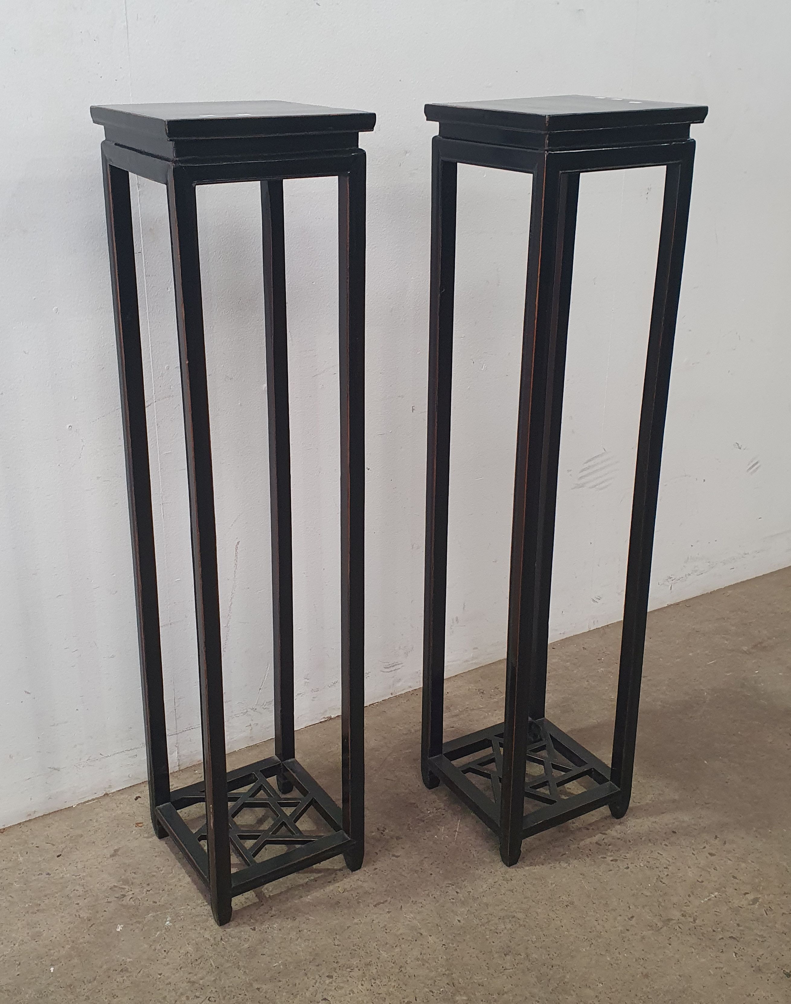 A Pair Of Chinese Black Lacquered Tall Pedestal Tables