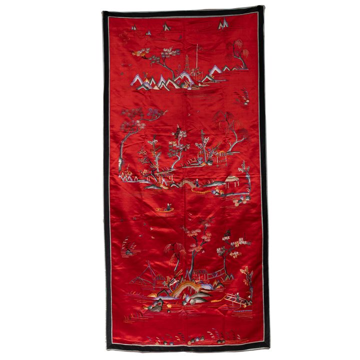 Chinese embroidered red ground wall hanging