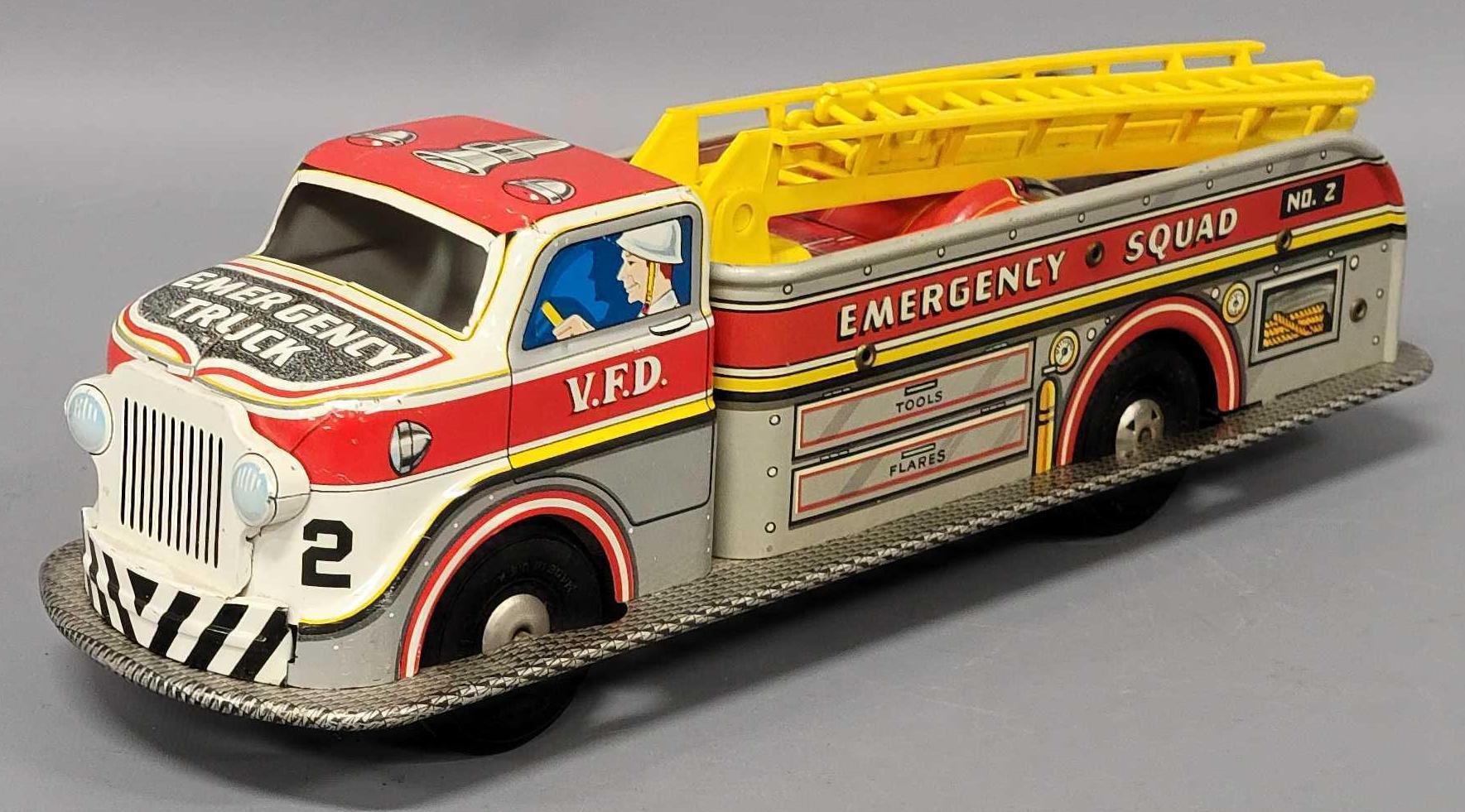 1950s Marx Tin Litho battery operated Emergency Squad no. 2 fire truck |  Toys Trains and Other Old Stuff LLC