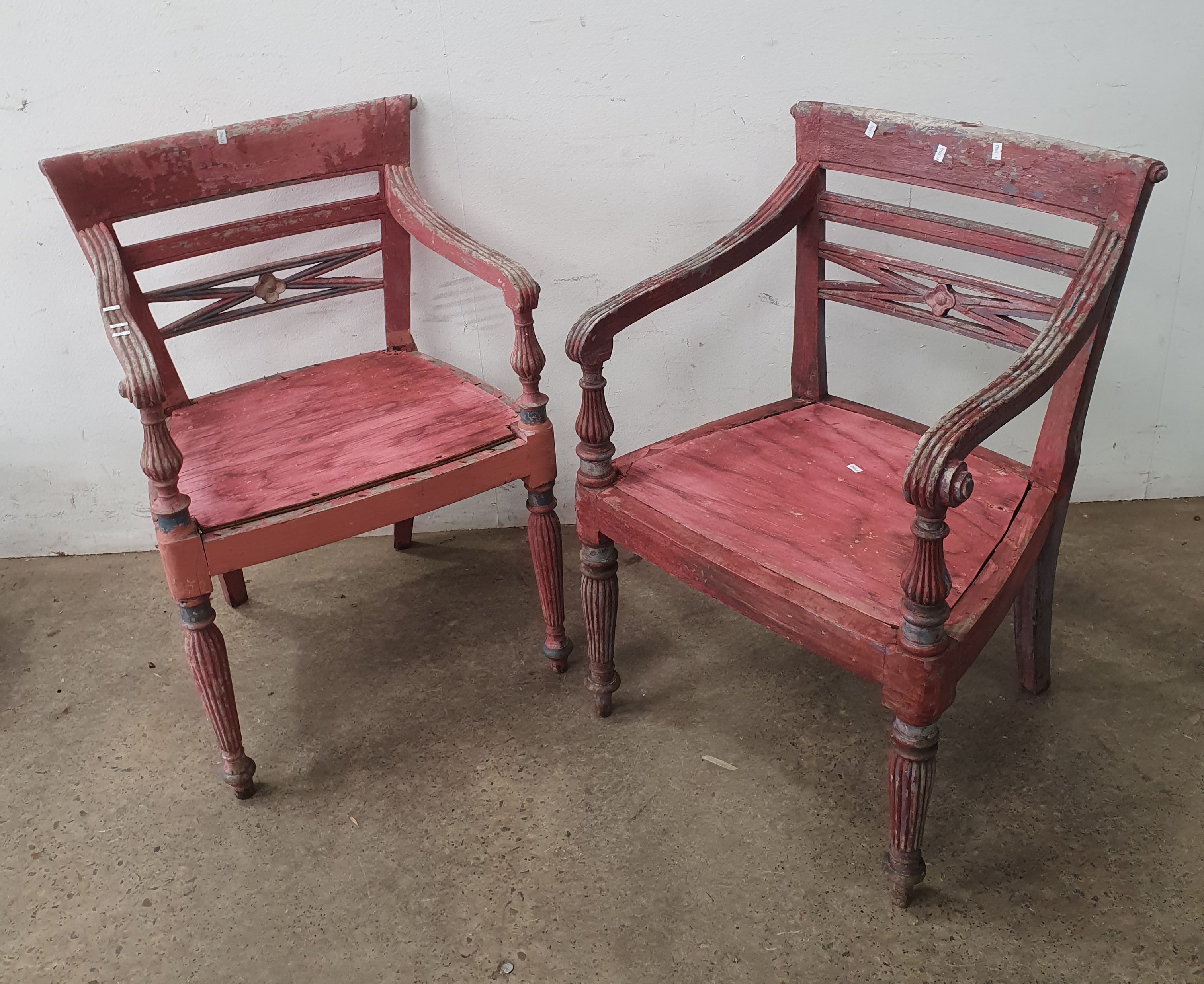 A Pair Of Very Rustic Pink Timber Chairs