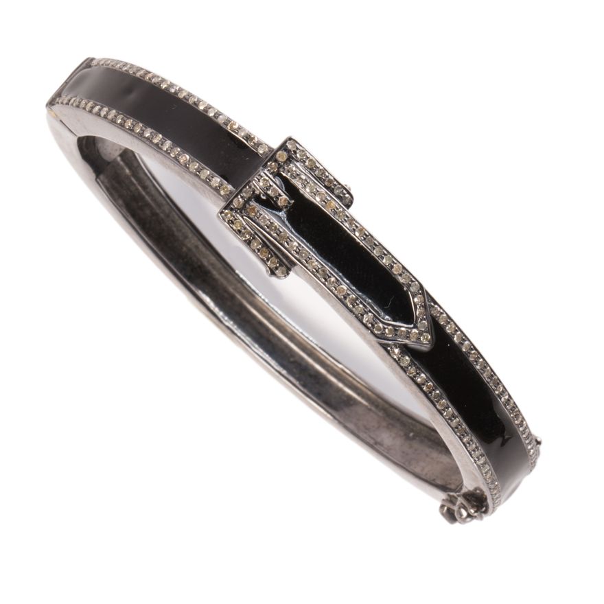 A diamond and enameled blackened silver bangle