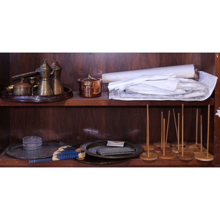 Miscellaneous decorative items, including a brass Middle Eastern tea service