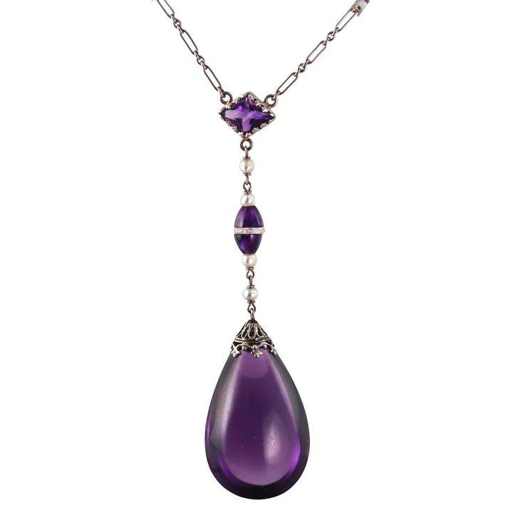 Art Deco 14k Gold Amethyst Pearl Pendant Necklace