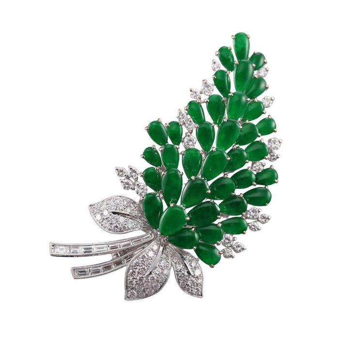 18k White Gold Jade Diamond Brooch Pin