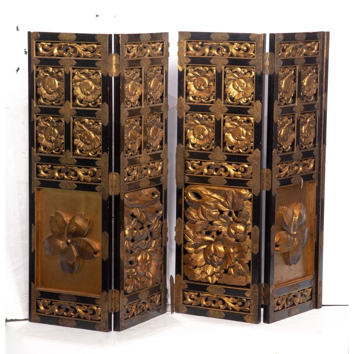Chinese gilt wood four-panel screen
