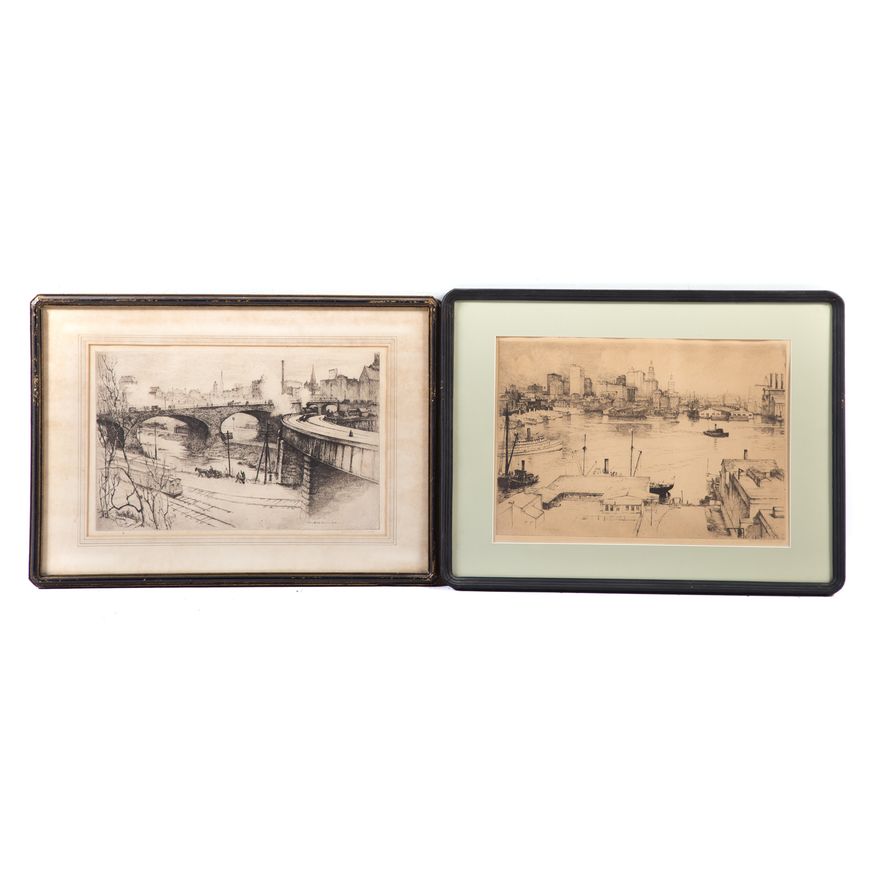 Gabrielle DeVaux Clements. Two framed etchings