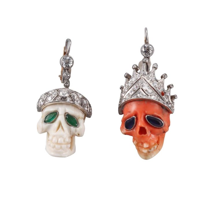 Platinum Gold Coral Diamond Sapphire Emerald Skull Earrings