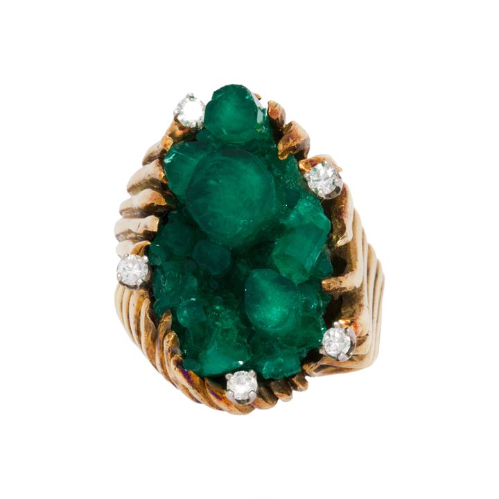 A Chatham emerald, diamond and 14k gold ring