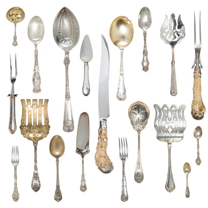 A lot of Art Nouveau and Aesthetic Movement sterling flatware and serving utensils