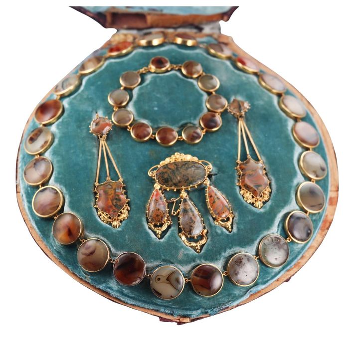 Antique Georgian Gold Moss Agate Necklace Bracelet Brooch Earrings Parure