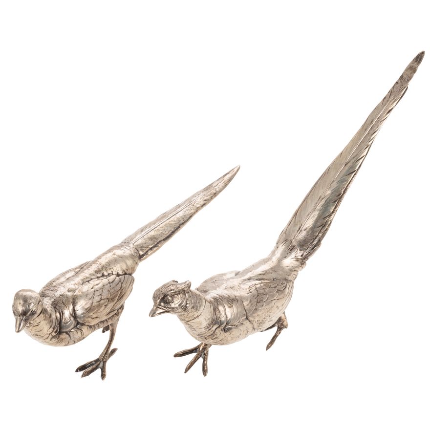 A Pair of Continental Silver Pheasant Table Ornaments