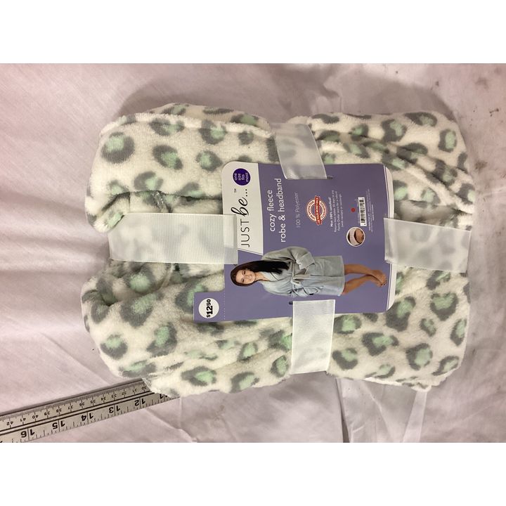 Just Be Cozy Fleece Robe & Headband- One Size Fits Most, White w/ Green & Grey Cheeta Print