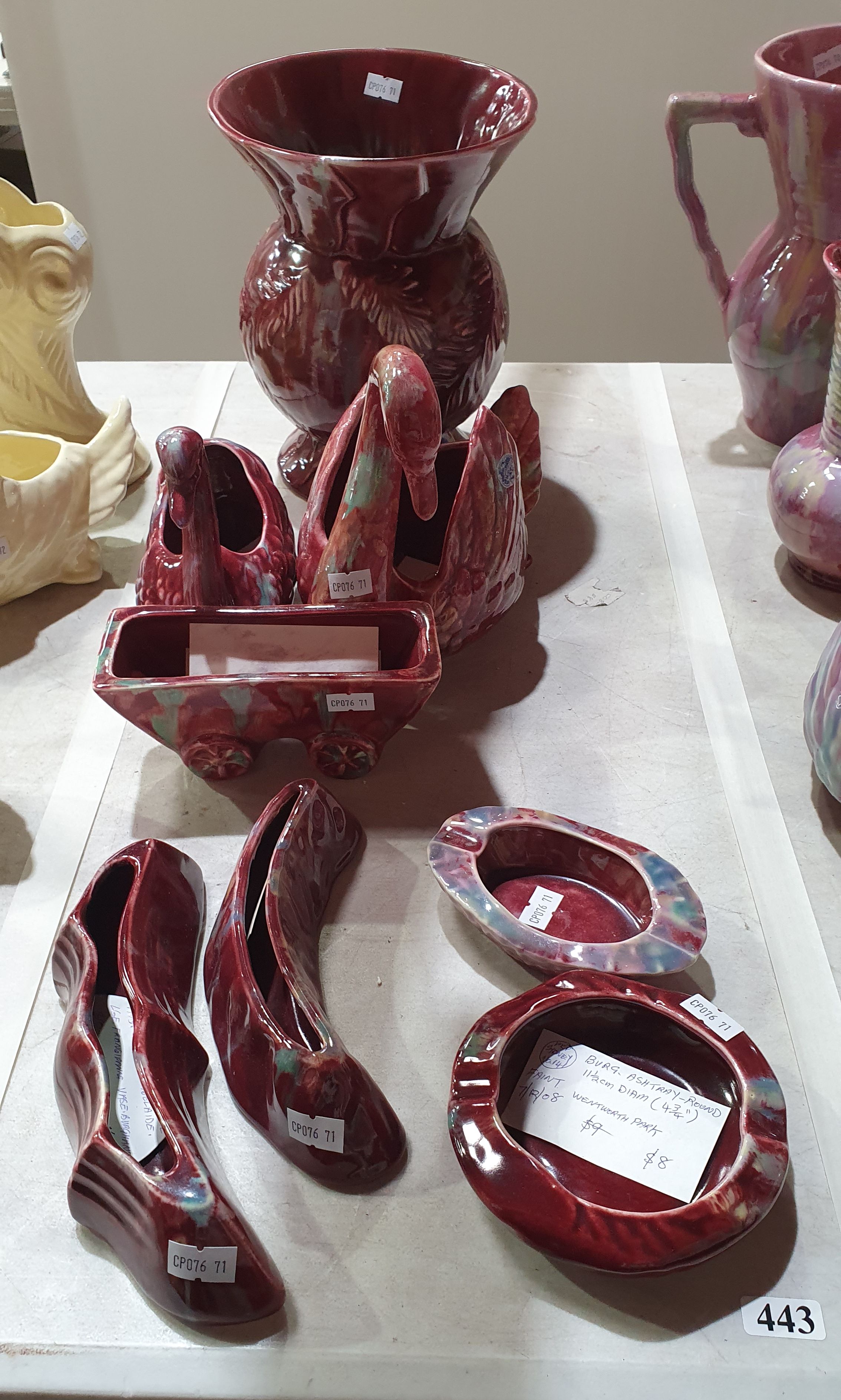 443 · A GROUP OF MCP MINGAY PIECES IN THE BURGUNDY DRIP GLAZE COLOURWAY