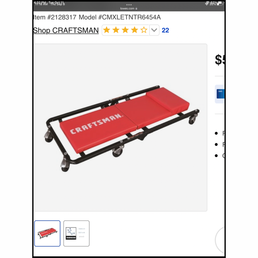 Craftsman Creeper 40" w/Metal Frame & Padded Cushion & Headrest