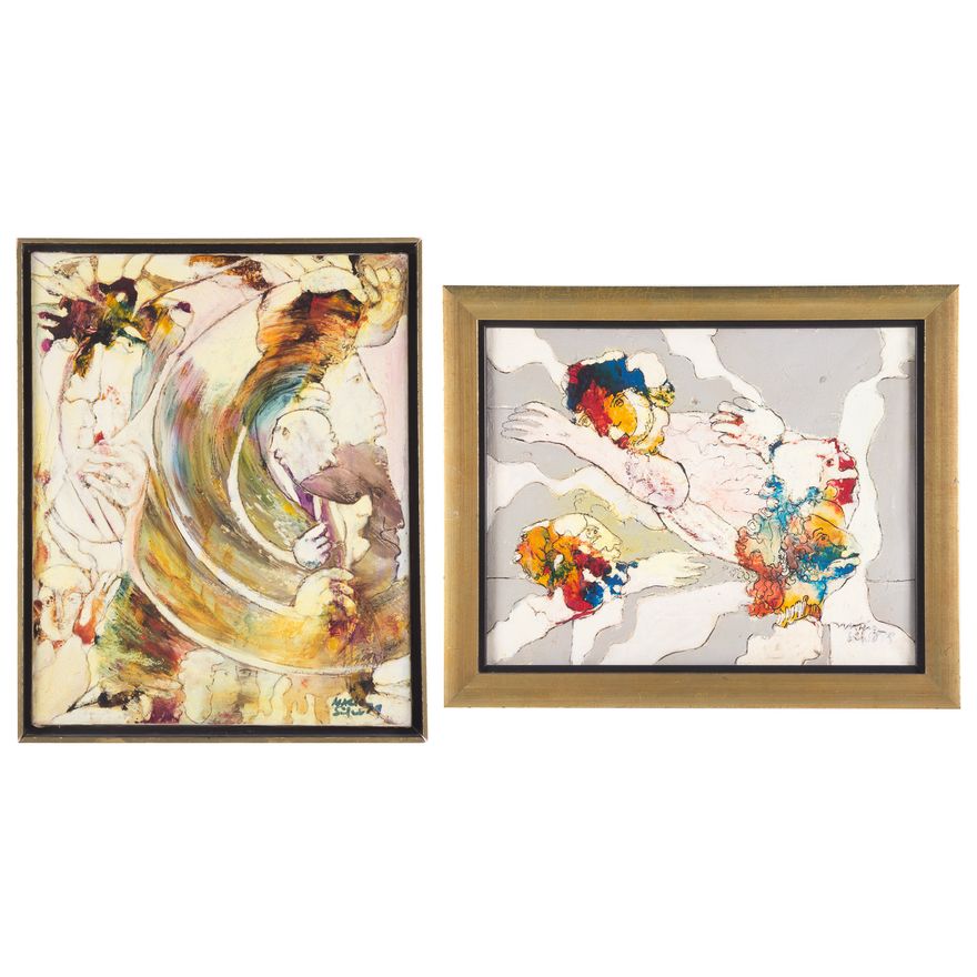 Mario Silva. Two framed mixed medias on canvas