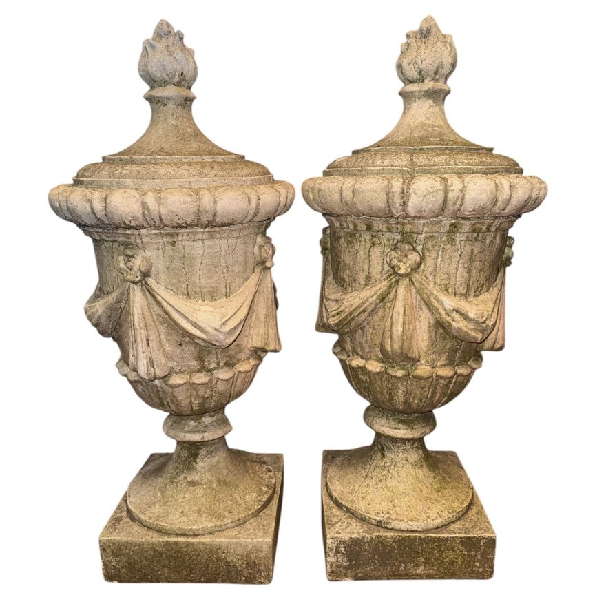Antique Cast Stone Neoclassical Architectural Garden Urns Pair
