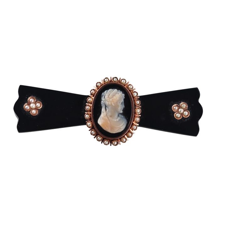 Antique Victorian 14k Gold Onyx Cameo Pearl Brooch Pin
