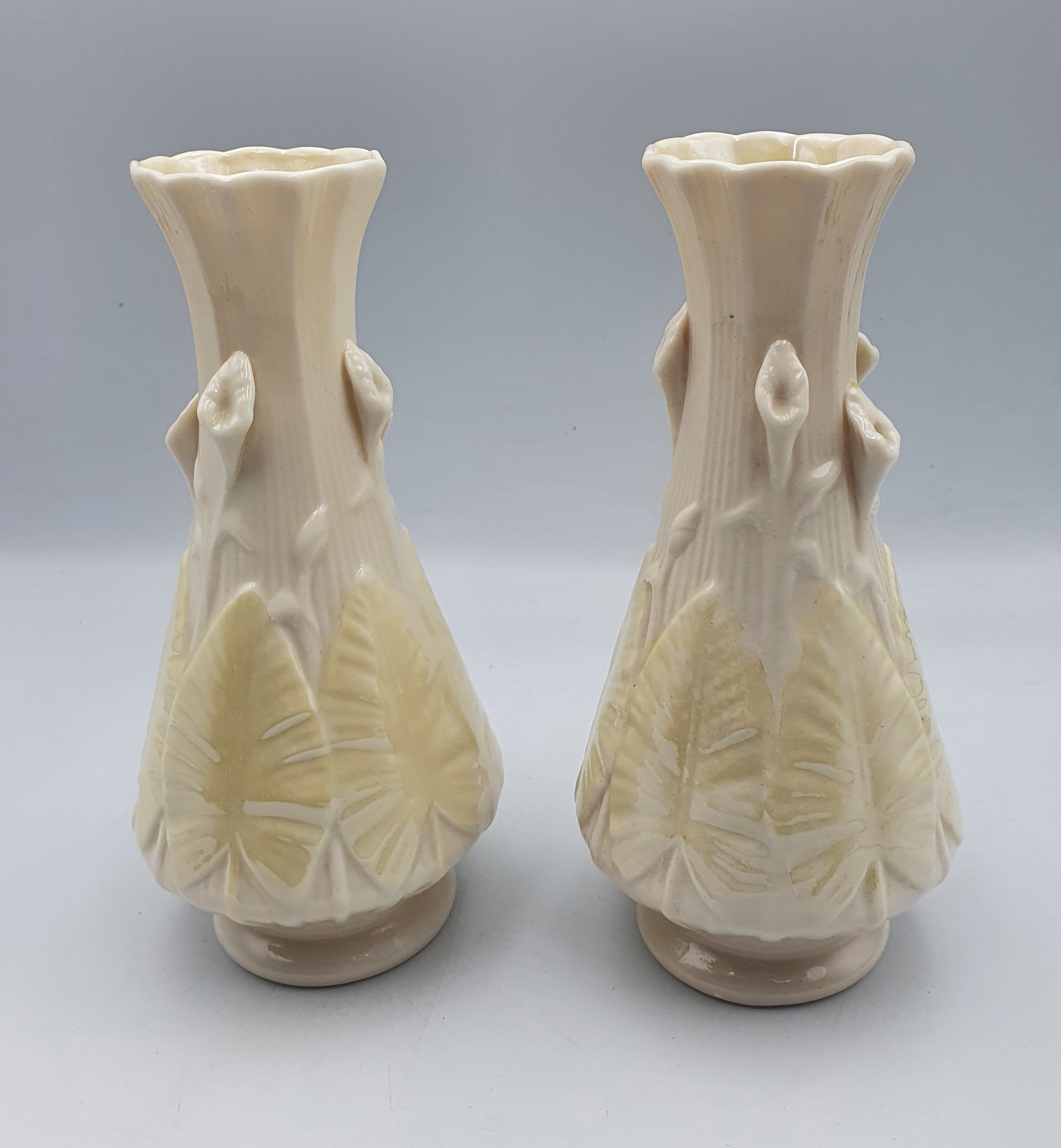 106 · A PAIR OF BELLEEK CLASSIC 'NILE' CALLA LILY VASES