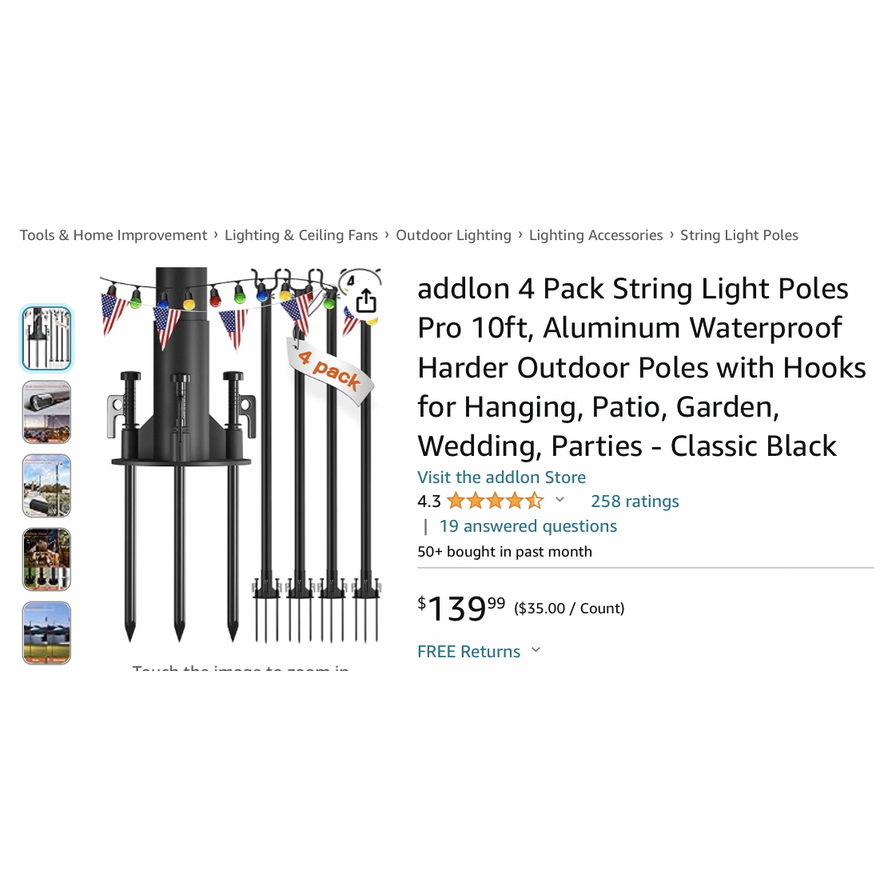 Addlon 4pk String Lights Aluminium Poles 10ft