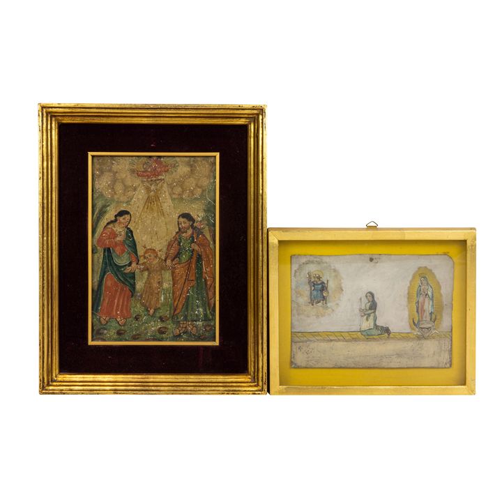 Two Spanish Colonial retablo paintings: Holy Family and Vision of Virgin Mary