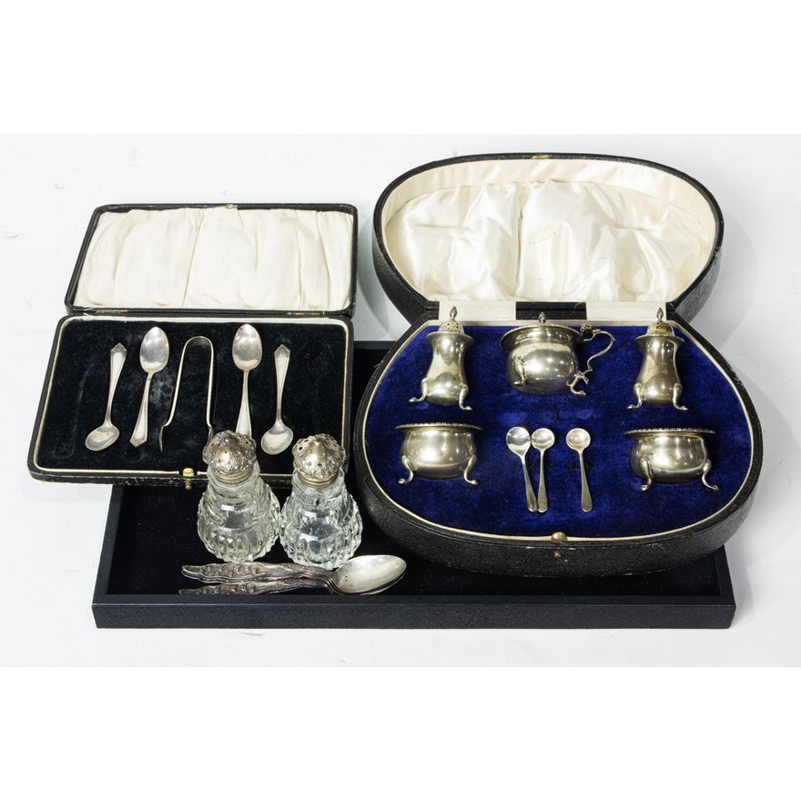 A lot of sterling table articles: (6) Whiting Lily of Valley teaspoons; an English cased set with two footed salts, a mustard jar, t...