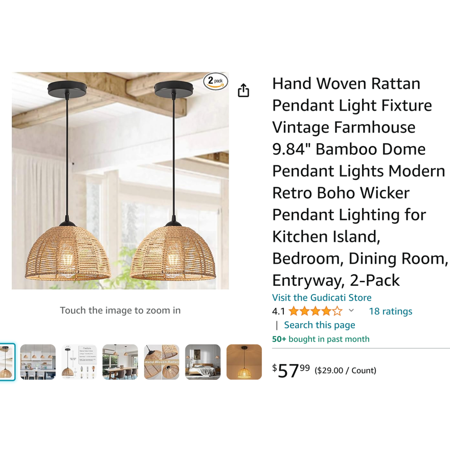 2ct Gudicati Hand Woven Rattan Pendant Kight Fixture Vintage Farmhouse 9.84"Bamboo Dome