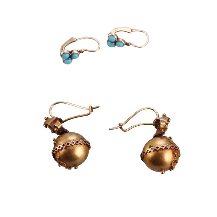 Antique 14k Gold Etruscan Ball Victorian Turquoise Earrings Lot of 2 Pairs