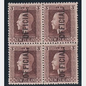 NZ Officials, 1915 3d GV recess chocolate-brown block of 4, invtd wmks, p14 x 14…